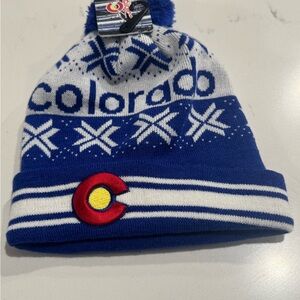 Colorado Beanie Hat Blue White Knit Pom Cuffed Winter Ski Snowboard Teens